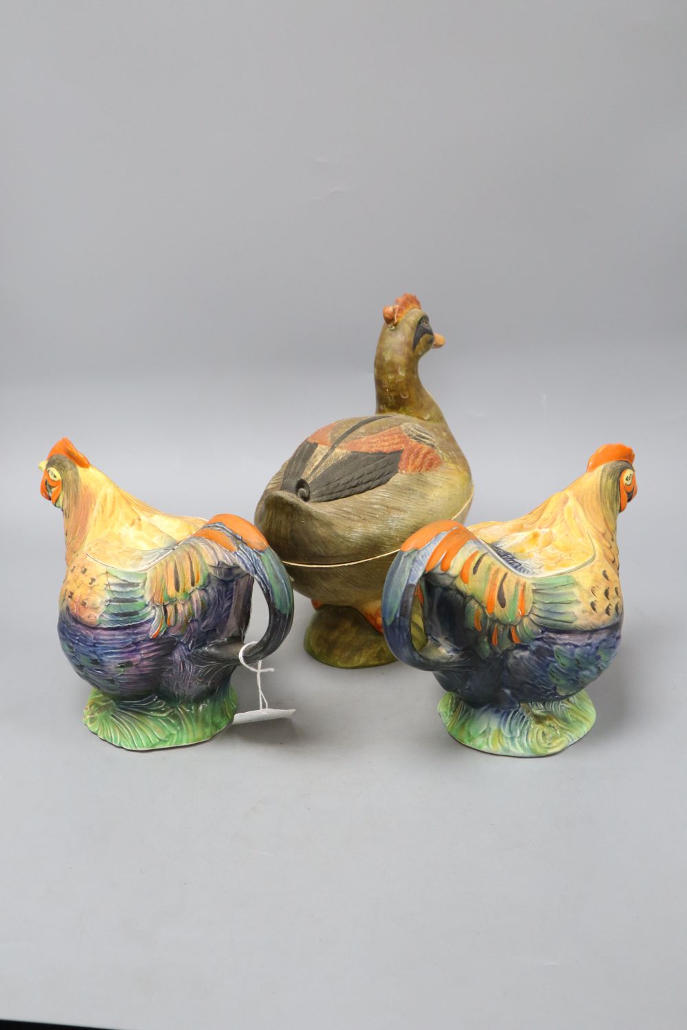 Two ceramic chicken teapots and an Italian duck box, tallest 24cm